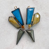 Geometric Earrings with Lazulite, Golden Rutilated and Chatoyant Grey Quartzes
